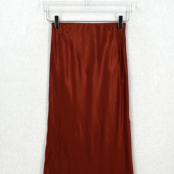 ENZA COSTA Satin Bias Slip Skirt Women XS Umber Rust Maxi Side Slit Pull On NEW - Picture 7 of 16